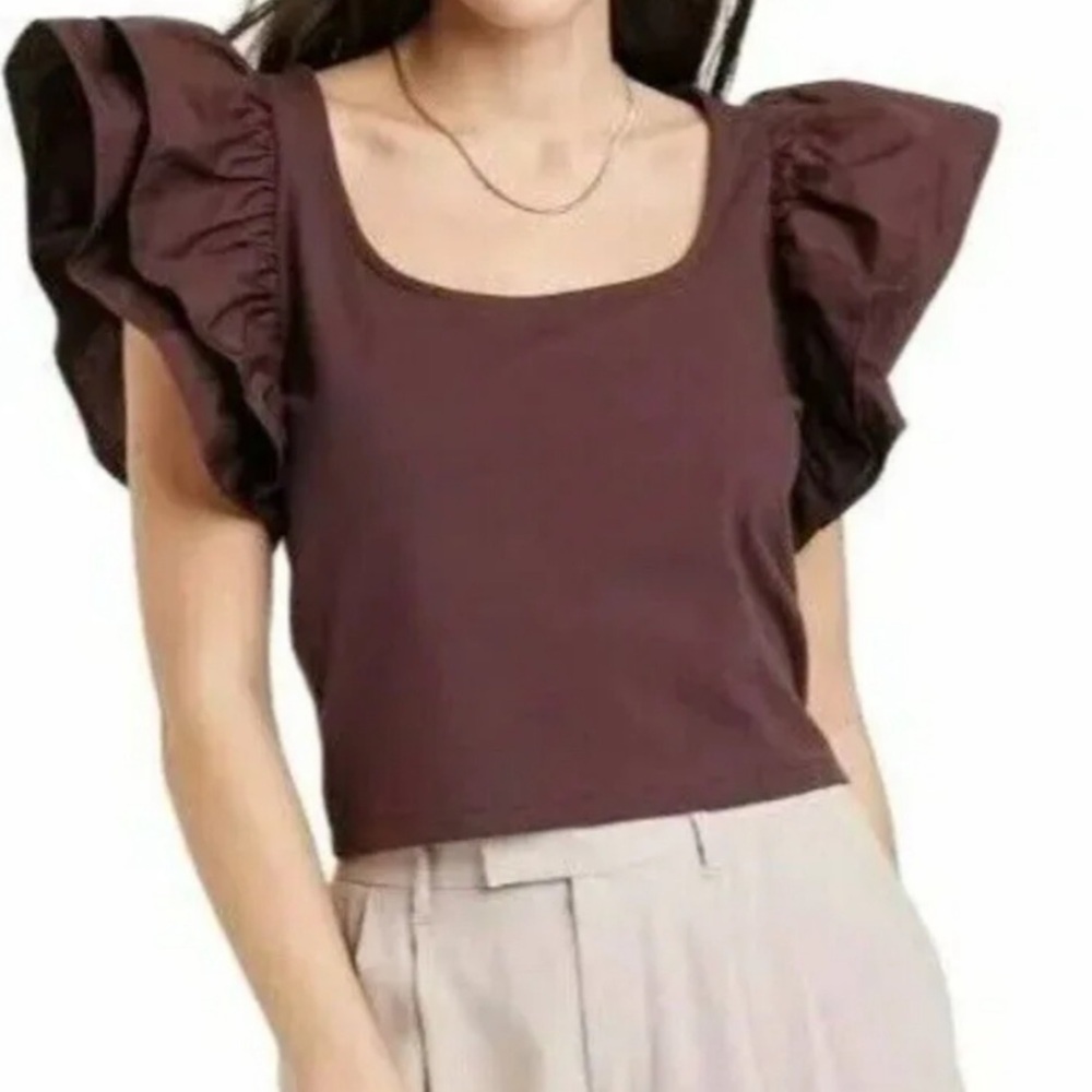 a new day Brown Ruffle Sleeve Crop Blouse Size XL NWT